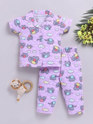 YK X Tinyo Baby Girls Printed Purple Night Suit Set