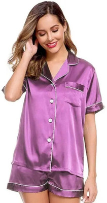 Vd hub Women Solid Purple Night Suit Set