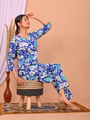 DHANOTA Women Printed Blue Night Suit Set