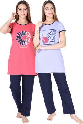 DG Divine GirL Women Printed Pink, Purple Top & Pyjama Set