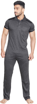 Vastragrah Men Striped, Self Design Black, Grey Night Suit Set