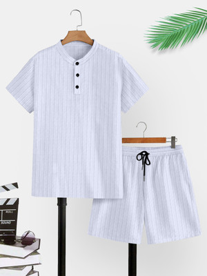 M7 By Metronaut Men Self Design White Night Suit Set
