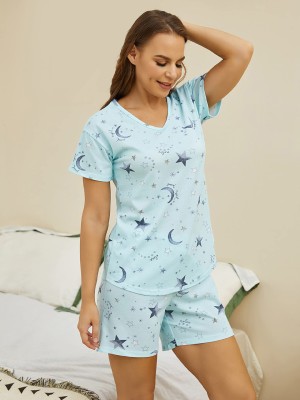 DreamBe Women Printed Blue Top & Shorts Set