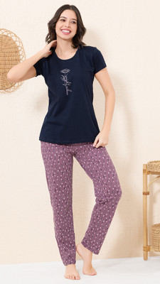QUIRA Women Printed Blue, Purple Top & Pyjama Set
