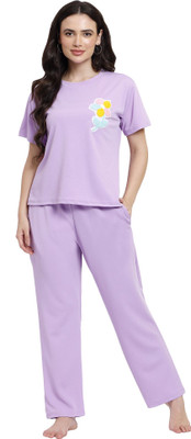 urban cat Women Printed Purple Top & Pyjama Set