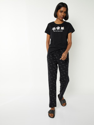 MAX Women Printed Black Top & Pyjama Set