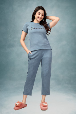 MEEMBOOLI Women Printed Light Blue Top & Pyjama Set