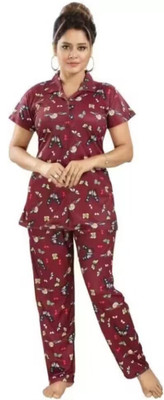 NityaFashion Women Printed Maroon Shirt & Pyjama set