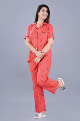 MintMarie Women Printed Orange Shirt & Pyjama set