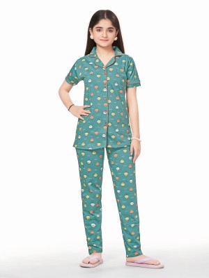 Blackballe Kids Nightwear Girls Printed Cotton(Light Green Pack of 1)