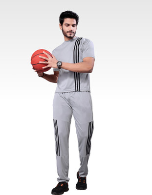 LINSOR FASHION Men Striped Grey Night Suit Set