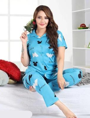 SHREE SAI CREATION Women Printed Light Blue Shirt & Pyjama set