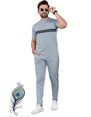 BALUDAENTEPRISE Men Striped Grey Night Suit Set
