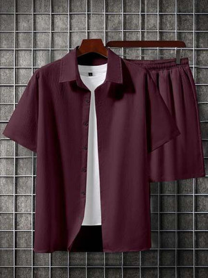 PaLkAaNo Men Striped Maroon Top & Shorts Set