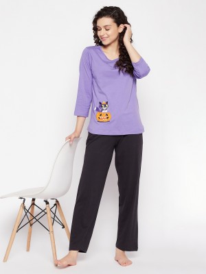 Clovia Women Printed Purple Top & Pyjama Set