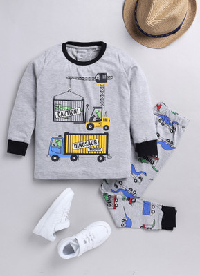 Lazy Shark Boys Printed Grey Night Suit Set