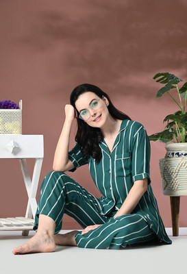 PRADHRUHE Women Striped Green Shirt & Pyjama set
