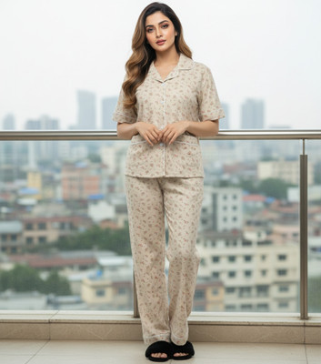 BLUELOCK Women Printed Beige Night Suit Set