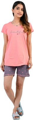 anika's hosiery's Women Printed Pink Top & Shorts Set