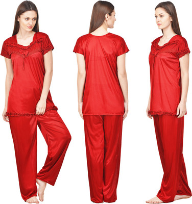 ROWENA Women Solid Maroon Top & Pyjama Set
