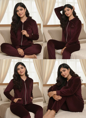 Hivalu Women Solid Maroon Night Suit Set