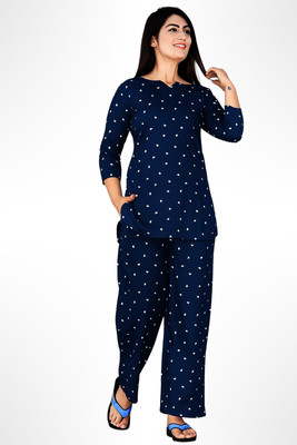FROEBEL Women Floral Print Dark Blue Night Suit Set