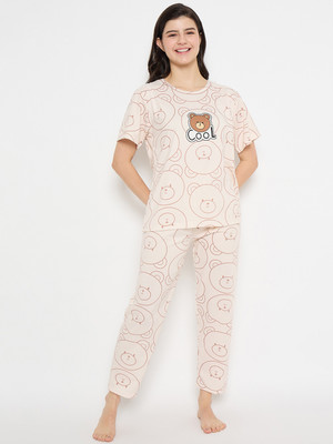 Camey Women Printed Beige Top & Pyjama Set