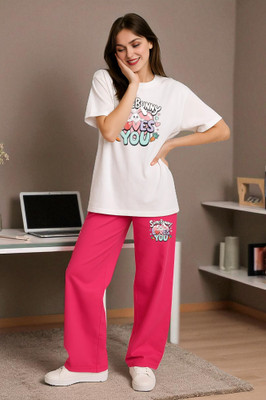 Elvia Women Printed White, Pink Top & Pyjama Set