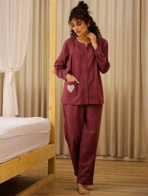 Chavar Women Solid Maroon Night Suit Set
