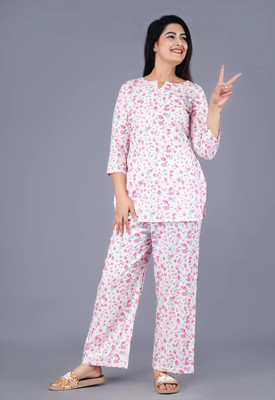 MintMarie Women Printed Pink Night Suit Set