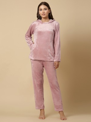 Klotthe Women Solid Pink Night Suit Set