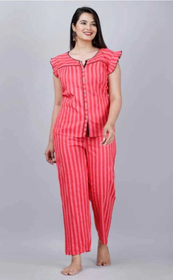 Blackoont Women Striped Red Top & Pyjama Set