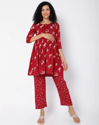 GOVINDDEVFAB Women Printed Maroon Top & Pyjama Set