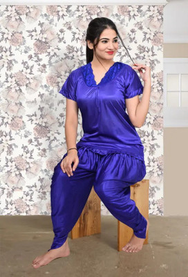 JiyaJay Fashion Women Solid Light Blue Top & Pyjama Set