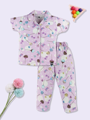 YK X Minute Mirth Baby Girls Printed Brown Night Suit Set
