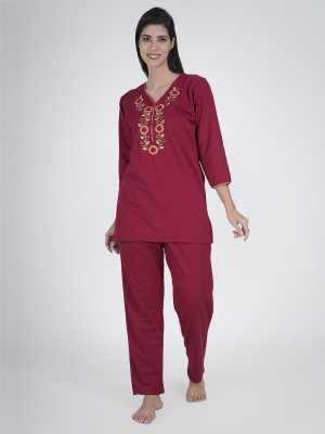 Aartej Women Embroidered Maroon Night Suit Set