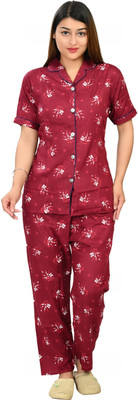 Kripto Katrox Women Printed Maroon Shirt & Pyjama set
