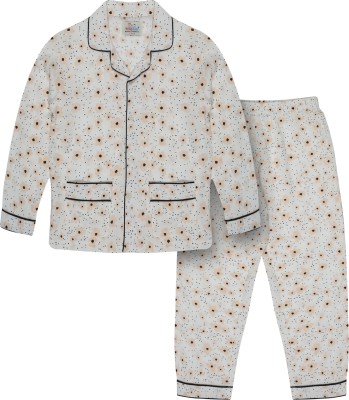 YOUNG BIRDS Boys & Girls Floral Print White Shirt & Pyjama set