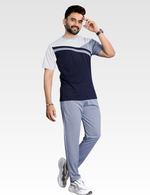 LINSOR FASHION Men Striped Grey Night Suit Set