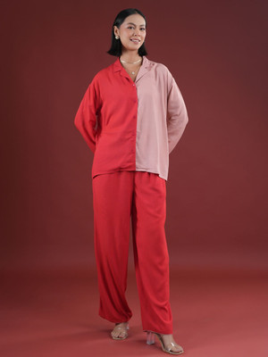 Sanskrutihomes Women Colorblock Red Night Suit Set