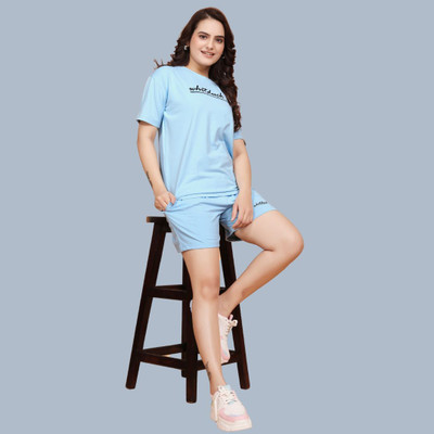 WHITDUCK Women Solid Blue Top & Shorts Set