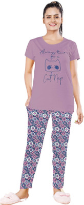 DUDEFAS Women Printed Purple Top & Pyjama Set