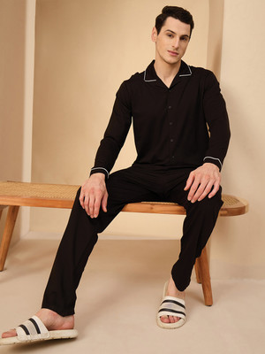 SWEET DREAMS Men Solid Black Top & Pyjama Set