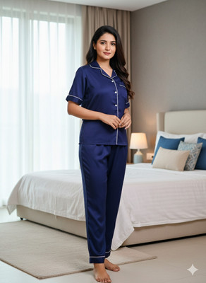 GORDHAN Women Solid Dark Blue Shirt & Pyjama set