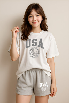 Shonisha Women Printed Grey, White Top & Shorts Set