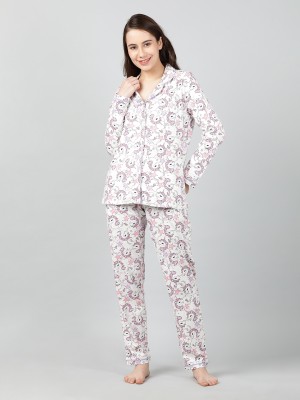 Mackly Women Graphic Print White Shirt & Pyjama set