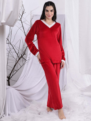 ETC Women Solid Red Night Suit Set