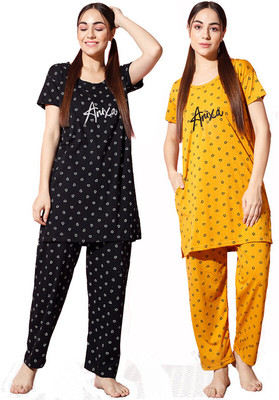 Fit N Fame Women Printed Yellow, Black Shirt & Pyjama set