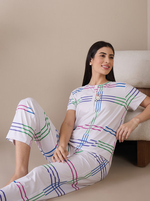 SWEET DREAMS Women Striped Beige Top & Pyjama Set