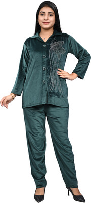 Noni Textile Women Solid Dark Green Night Suit Set